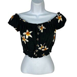 Aeropostale Black Floral Off-Shoulder Crop Top Size Small Elastic Hem